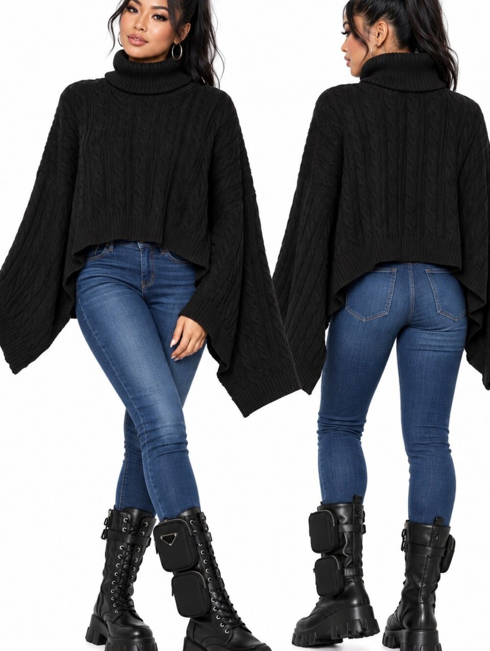 NEW Cable Knit Chunky Turtleneck Batwing Poncho Sweater Open Shawl Crop Top